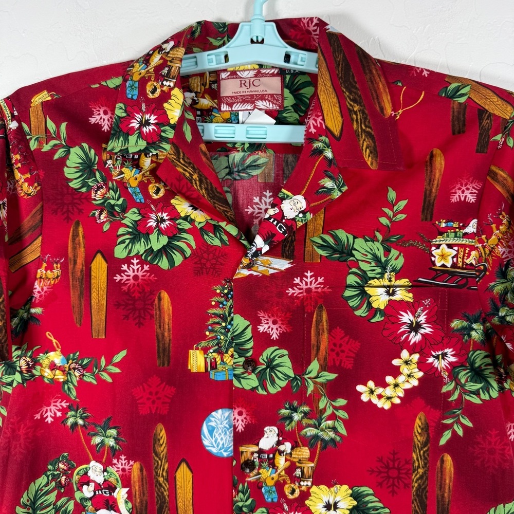 RJC Shirt Mens Medium Red Hawaiian Christmas Mele Kalikimaka Santa Floral‎ Camp